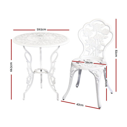 Gardeon 3PC Outdoor Setting Bistro Set Chairs Table Cast Aluminum Patio Furniture Rose White - OZ Home Deals