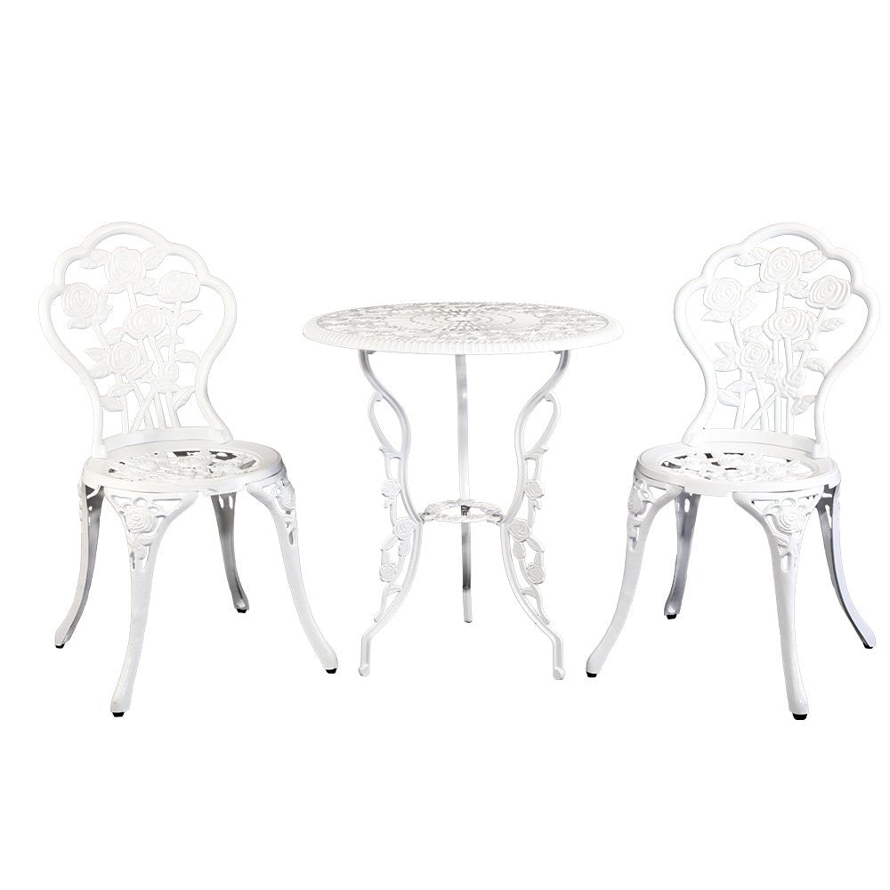 Gardeon 3PC Outdoor Setting Bistro Set Chairs Table Cast Aluminum Patio Furniture Rose White - OZ Home Deals