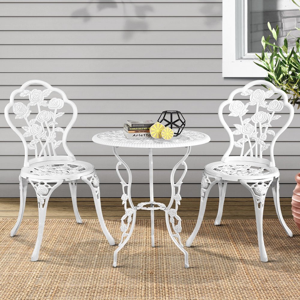 Gardeon 3PC Outdoor Setting Bistro Set Chairs Table Cast Aluminum Patio Furniture Rose White - OZ Home Deals