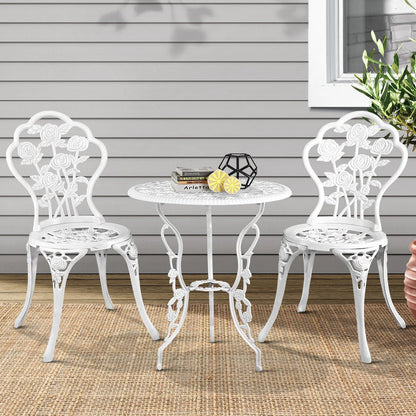 Gardeon 3PC Outdoor Setting Bistro Set Chairs Table Cast Aluminum Patio Furniture Rose White - OZ Home Deals