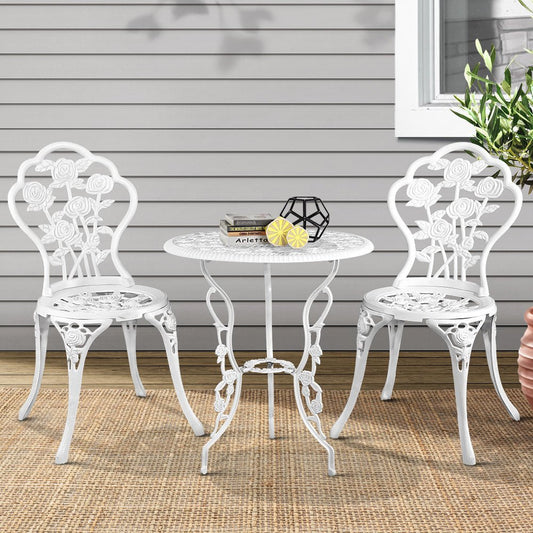 Gardeon 3PC Outdoor Setting Bistro Set Chairs Table Cast Aluminum Patio Furniture Rose White - OZ Home Deals