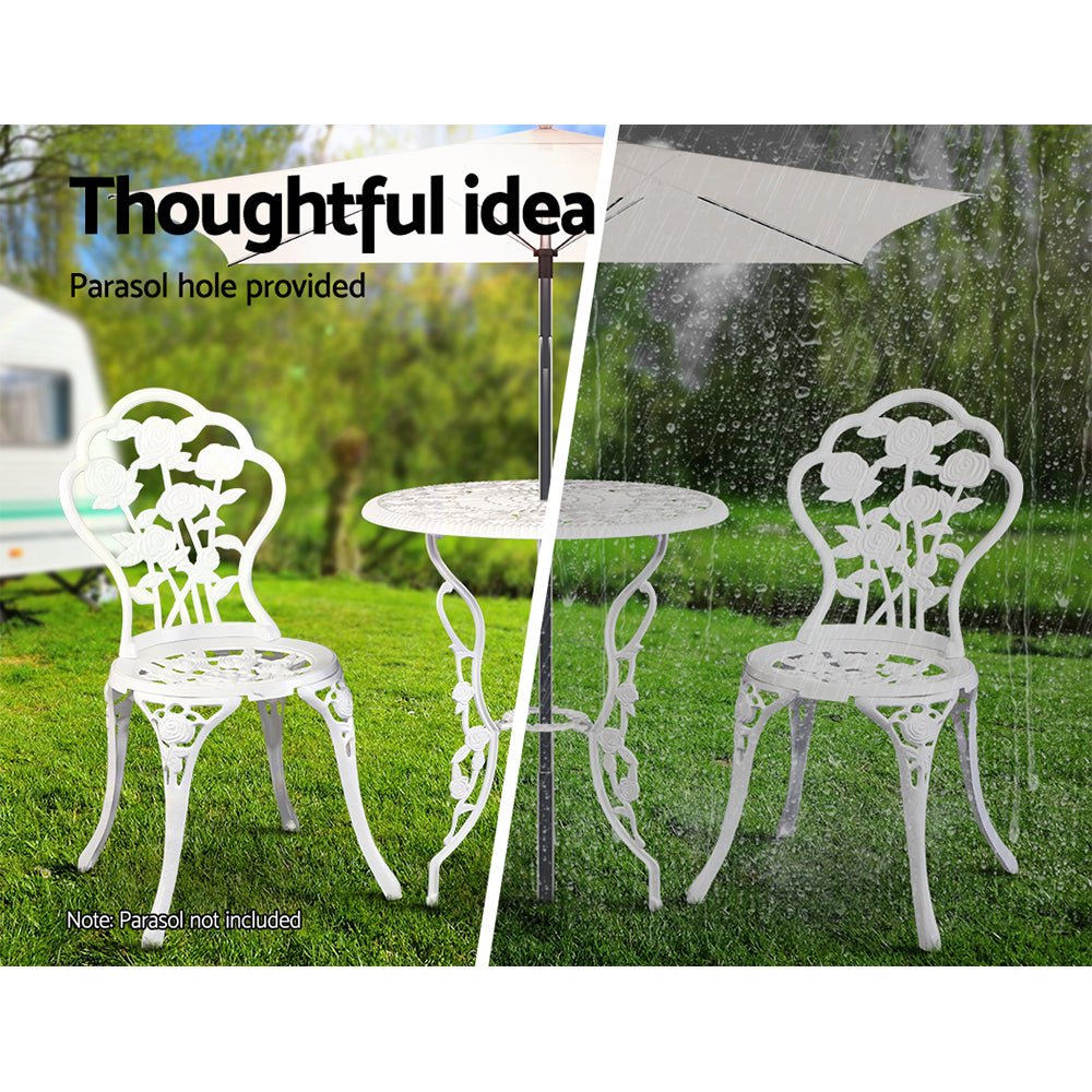 Gardeon 3PC Outdoor Setting Bistro Set Chairs Table Cast Aluminum Patio Furniture Rose White - OZ Home Deals