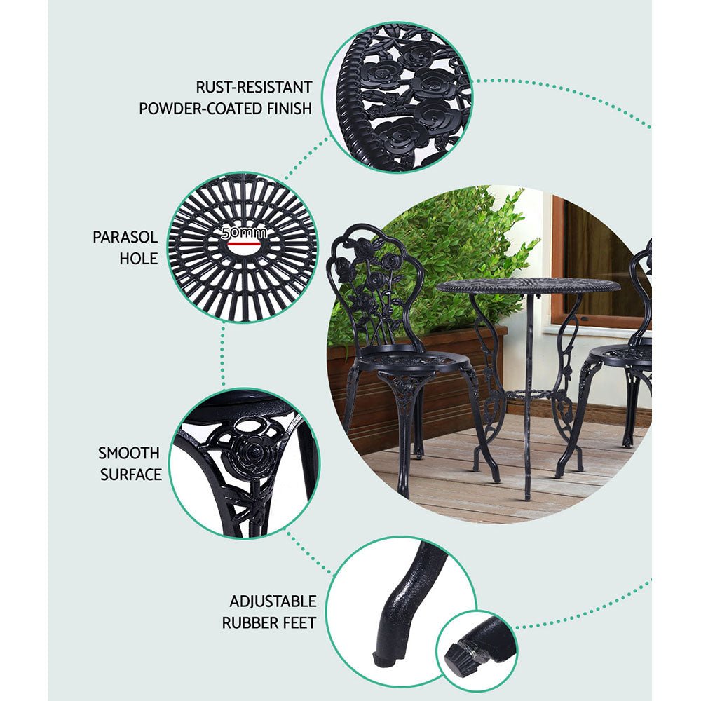 Gardeon 3PC Outdoor Setting Bistro Set Chairs Table Cast Aluminum Rose Black - OZ Home Deals