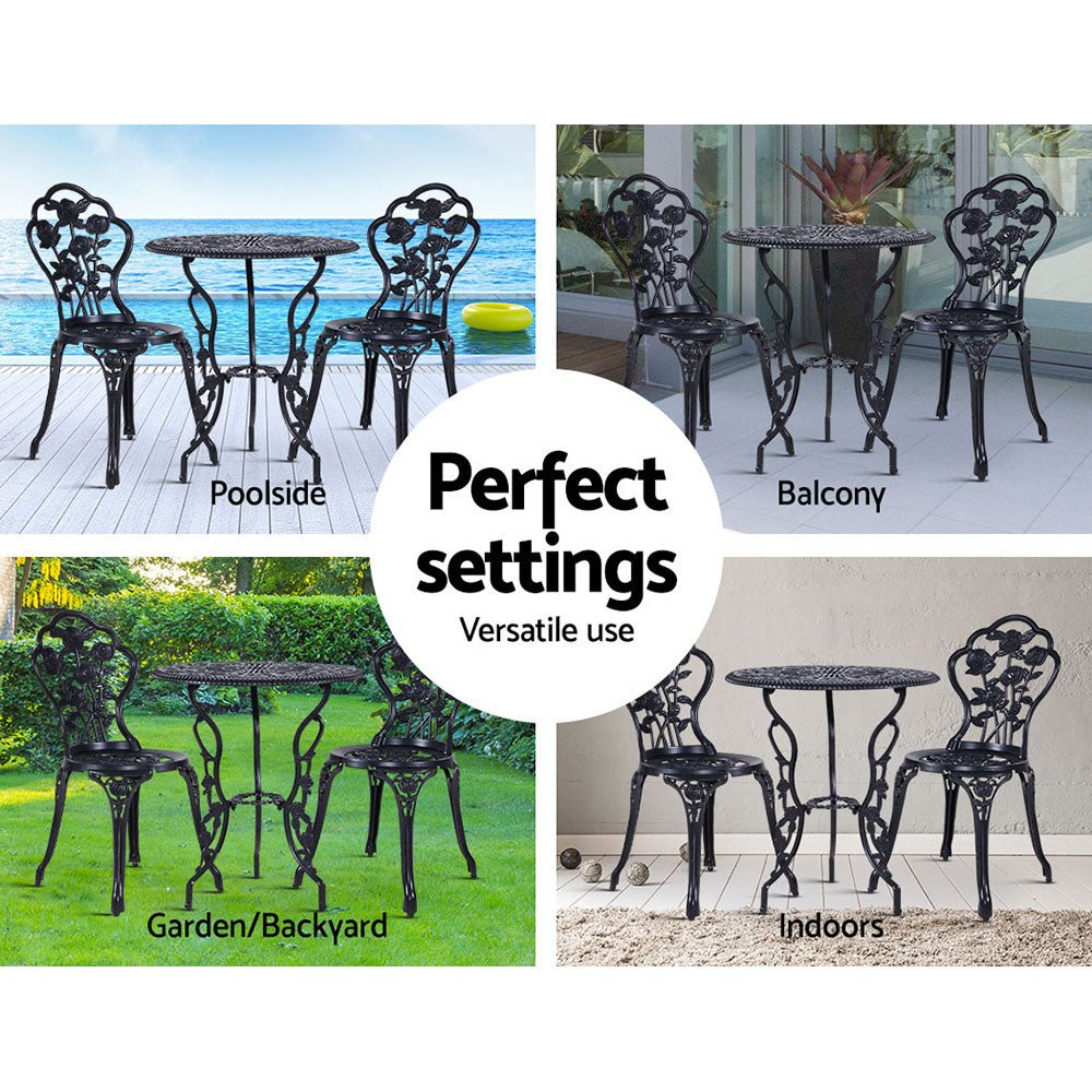 Gardeon 3PC Outdoor Setting Bistro Set Chairs Table Cast Aluminum Rose Black - OZ Home Deals