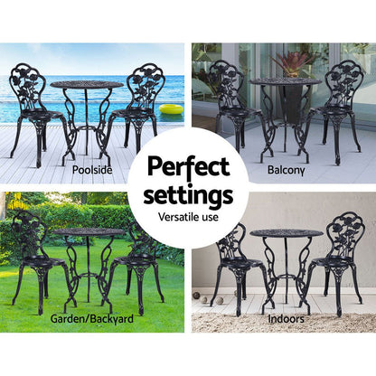 Gardeon 3PC Outdoor Setting Bistro Set Chairs Table Cast Aluminum Rose Black - OZ Home Deals