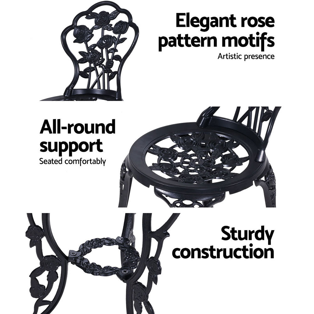 Gardeon 3PC Outdoor Setting Bistro Set Chairs Table Cast Aluminum Rose Black - OZ Home Deals