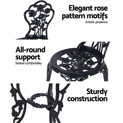 Gardeon 3PC Outdoor Setting Bistro Set Chairs Table Cast Aluminum Rose Black - OZ Home Deals