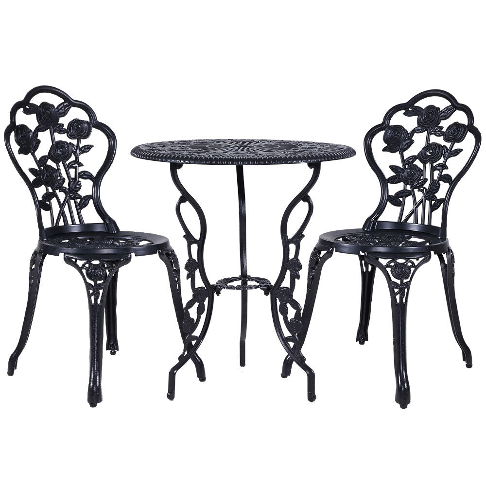 Gardeon 3PC Outdoor Setting Bistro Set Chairs Table Cast Aluminum Rose Black - OZ Home Deals