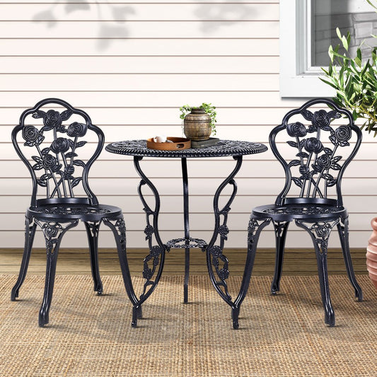 Gardeon 3PC Outdoor Setting Bistro Set Chairs Table Cast Aluminum Rose Black - OZ Home Deals
