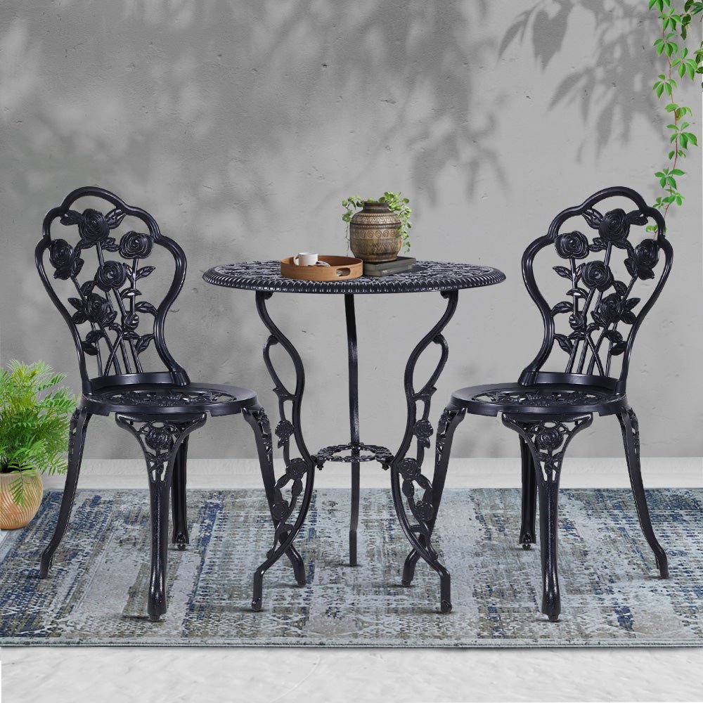 Gardeon 3PC Outdoor Setting Bistro Set Chairs Table Cast Aluminum Rose Black - OZ Home Deals