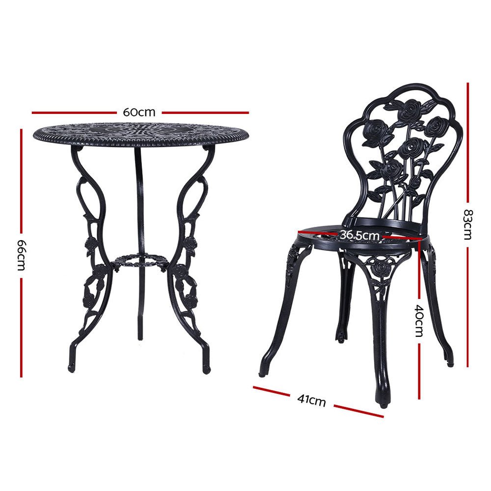 Gardeon 3PC Outdoor Setting Bistro Set Chairs Table Cast Aluminum Rose Black - OZ Home Deals