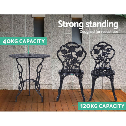 Gardeon 3PC Outdoor Setting Bistro Set Chairs Table Cast Aluminum Rose Black - OZ Home Deals