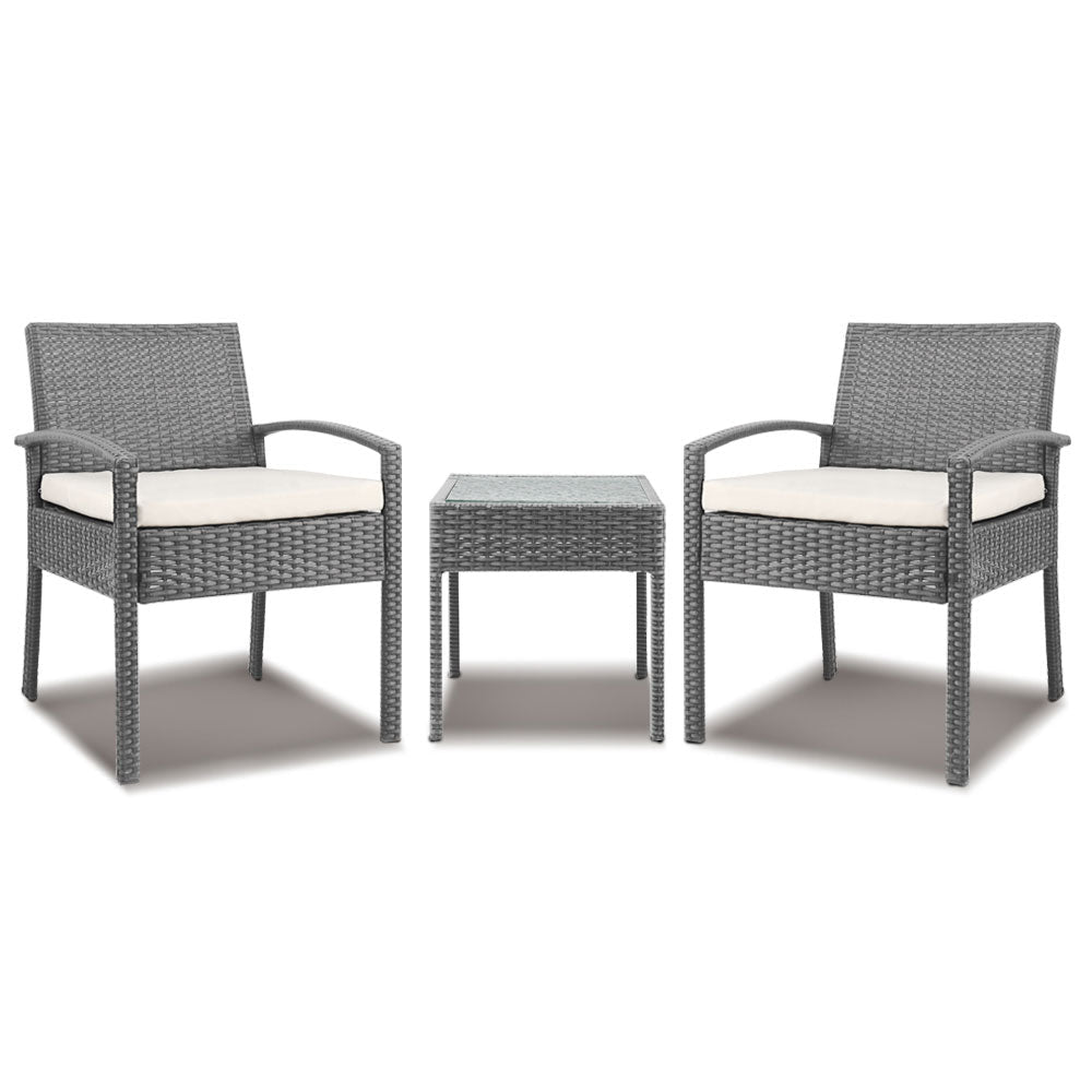 Gardeon 3PC Patio Furniture Bistro Set Wicker Outdoor Lounge Setting Grey - OZ Home Deals