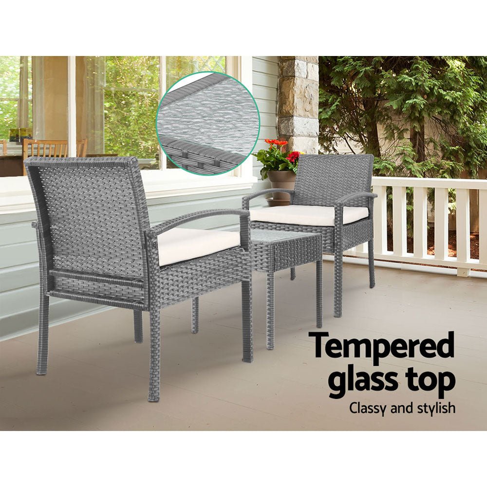 Gardeon 3PC Patio Furniture Bistro Set Wicker Outdoor Lounge Setting Grey - OZ Home Deals
