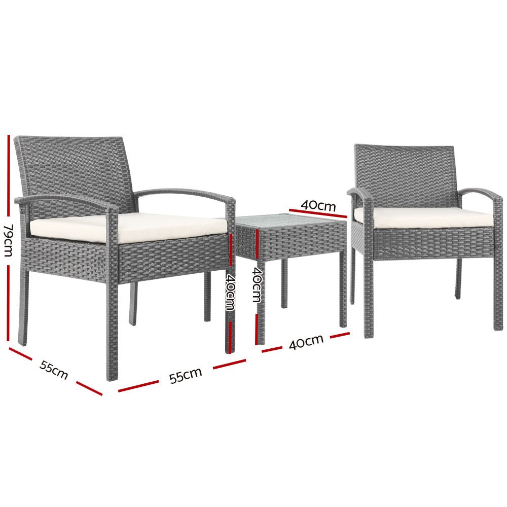 Gardeon 3PC Patio Furniture Bistro Set Wicker Outdoor Lounge Setting Grey - OZ Home Deals