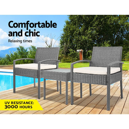 Gardeon 3PC Patio Furniture Bistro Set Wicker Outdoor Lounge Setting Grey - OZ Home Deals