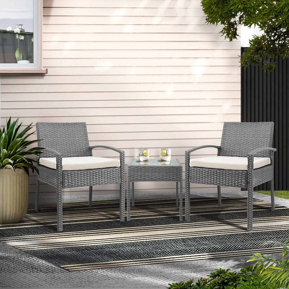Gardeon 3PC Patio Furniture Bistro Set Wicker Outdoor Lounge Setting Grey - OZ Home Deals