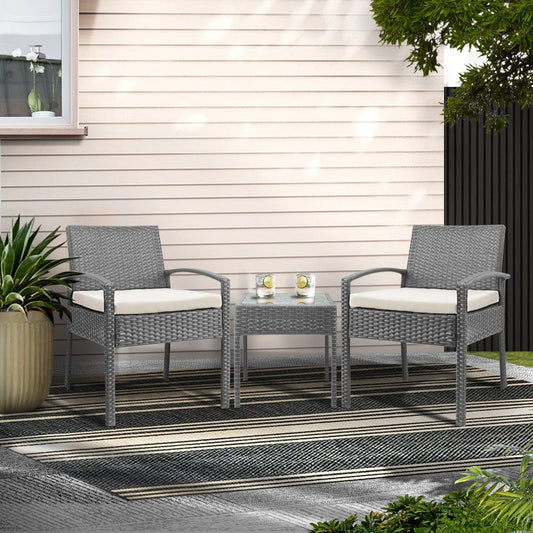 Gardeon 3PC Patio Furniture Bistro Set Wicker Outdoor Lounge Setting Grey - OZ Home Deals