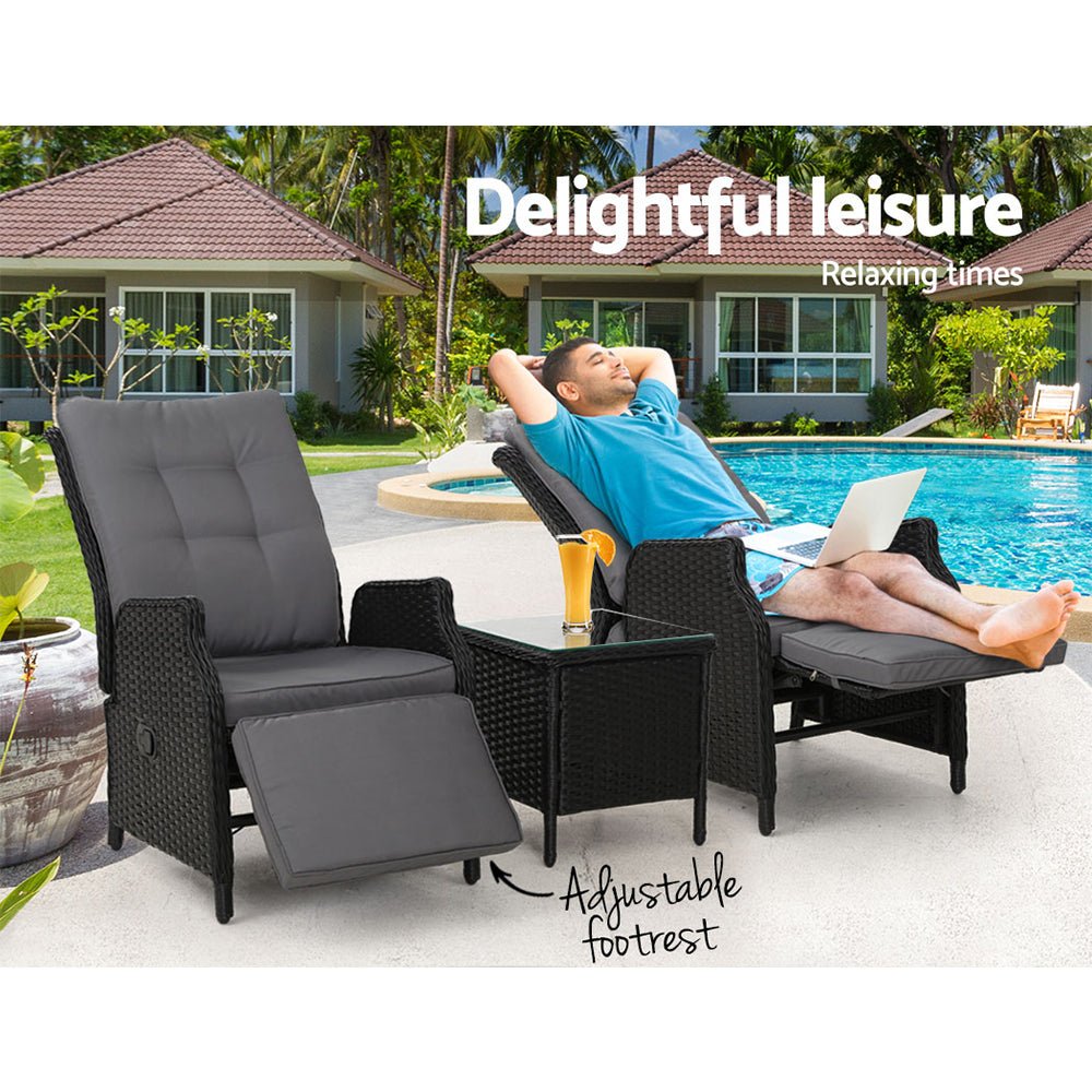 Gardeon 3PC Recliner Chairs Table Sun lounge Outdoor Furniture Wicker Adjustable Black - OZ Home Deals