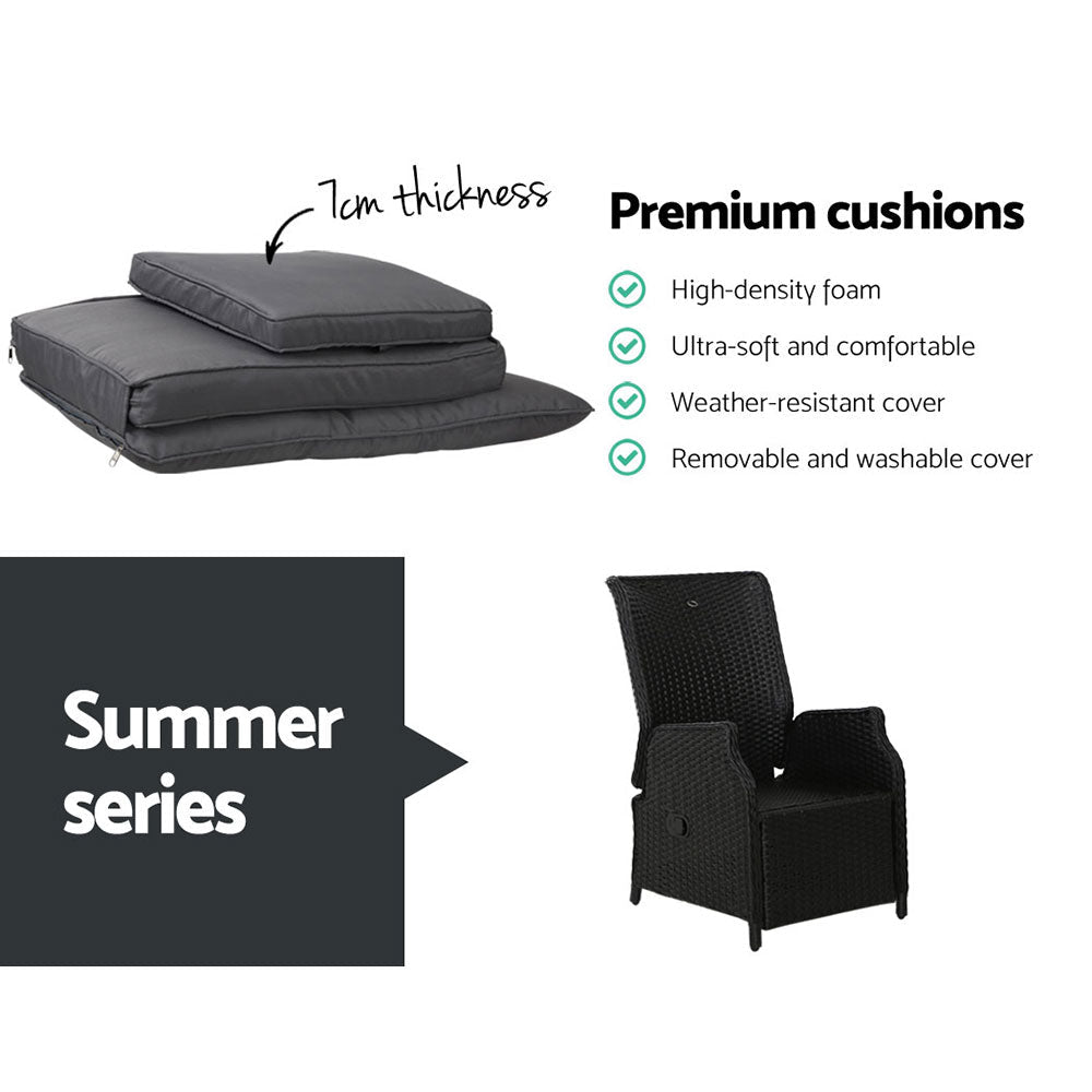 Gardeon 3PC Recliner Chairs Table Sun lounge Outdoor Furniture Wicker Adjustable Black - OZ Home Deals