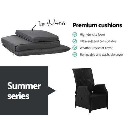 Gardeon 3PC Recliner Chairs Table Sun lounge Outdoor Furniture Wicker Adjustable Black - OZ Home Deals