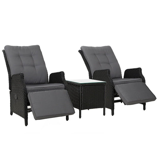 Gardeon 3PC Recliner Chairs Table Sun lounge Outdoor Furniture Wicker Adjustable Black - OZ Home Deals