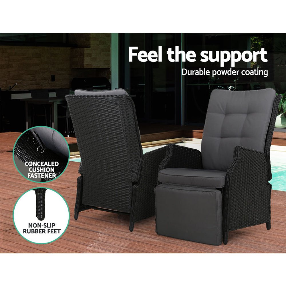 Gardeon 3PC Recliner Chairs Table Sun lounge Outdoor Furniture Wicker Adjustable Black - OZ Home Deals