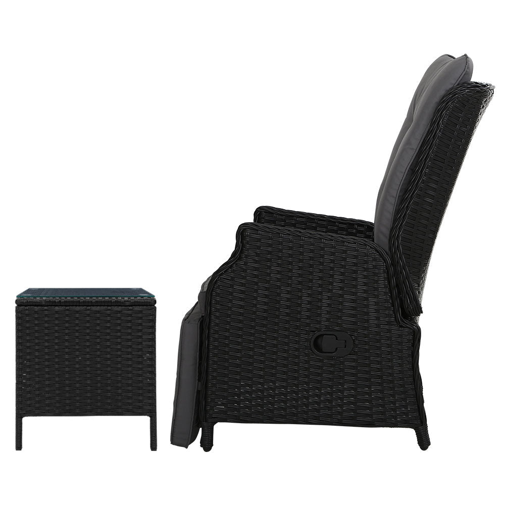 Gardeon 3PC Recliner Chairs Table Sun lounge Outdoor Furniture Wicker Adjustable Black - OZ Home Deals
