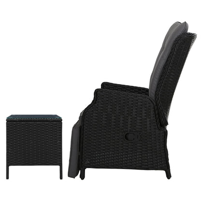 Gardeon 3PC Recliner Chairs Table Sun lounge Outdoor Furniture Wicker Adjustable Black - OZ Home Deals