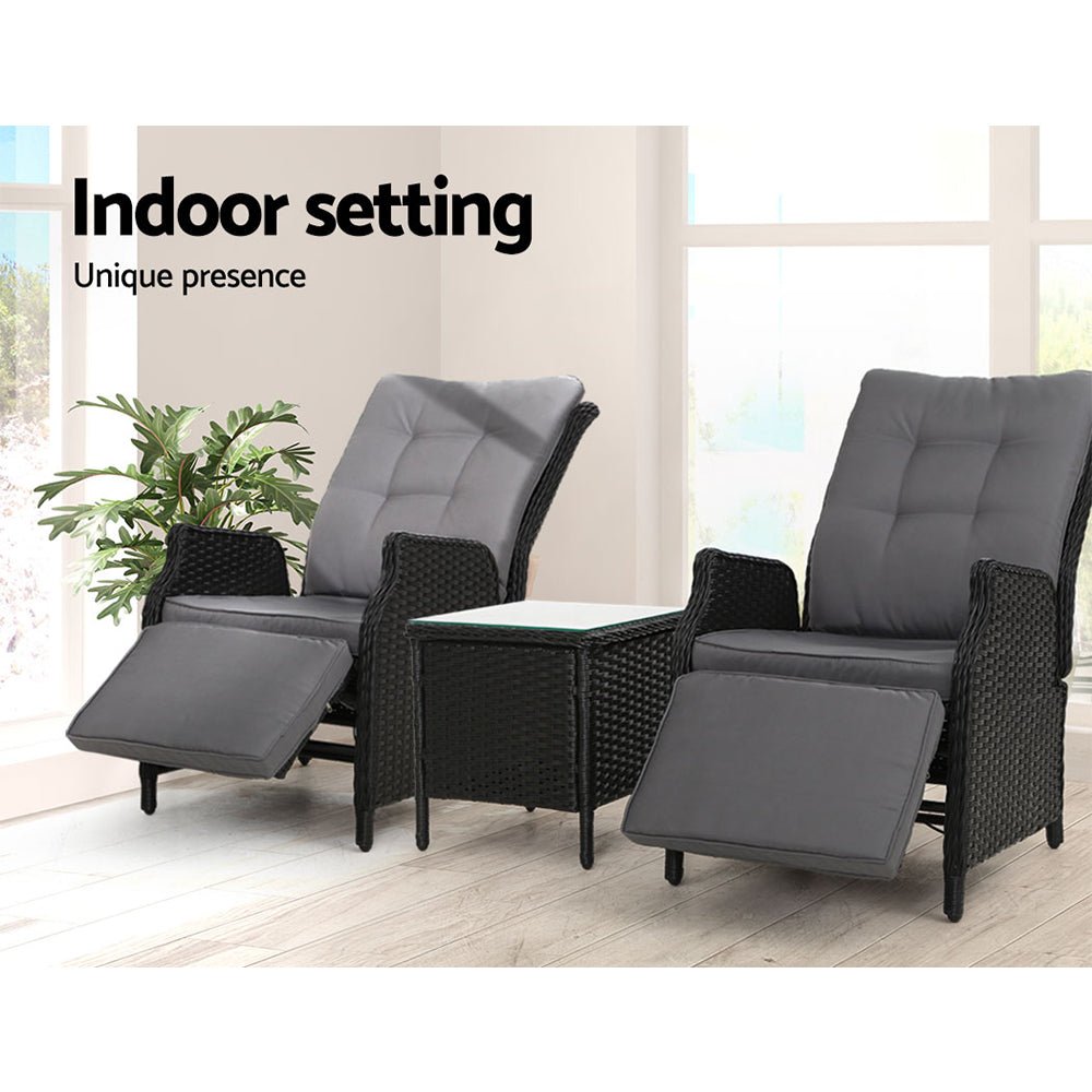 Gardeon 3PC Recliner Chairs Table Sun lounge Outdoor Furniture Wicker Adjustable Black - OZ Home Deals