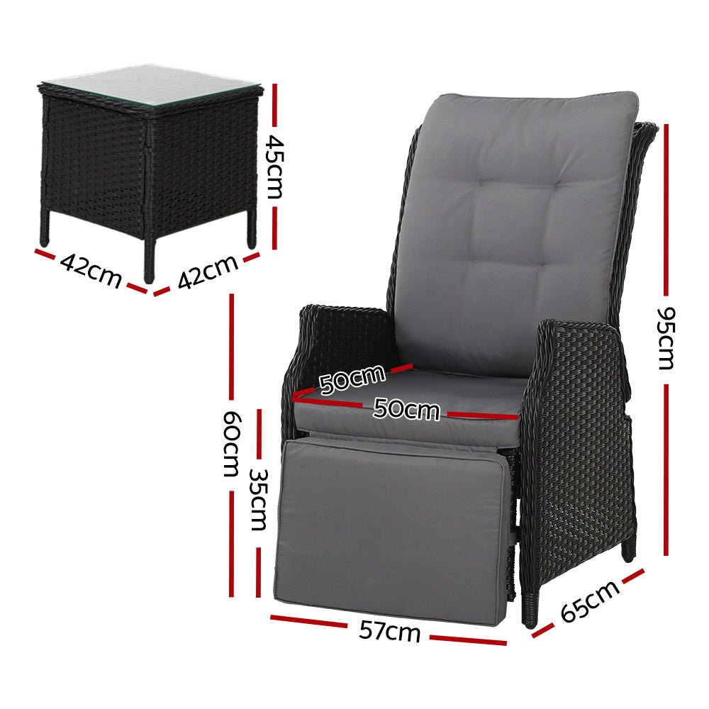 Gardeon 3PC Recliner Chairs Table Sun lounge Outdoor Furniture Wicker Adjustable Black - OZ Home Deals
