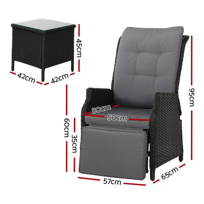 Gardeon 3PC Recliner Chairs Table Sun lounge Outdoor Furniture Wicker Adjustable Black - OZ Home Deals