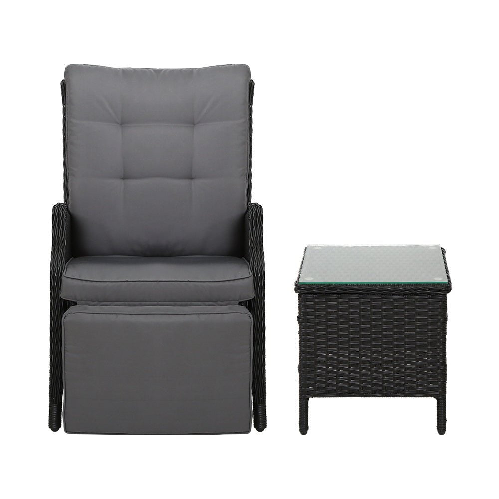 Gardeon 3PC Recliner Chairs Table Sun lounge Outdoor Furniture Wicker Adjustable Black - OZ Home Deals