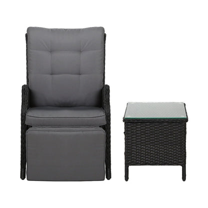 Gardeon 3PC Recliner Chairs Table Sun lounge Outdoor Furniture Wicker Adjustable Black - OZ Home Deals