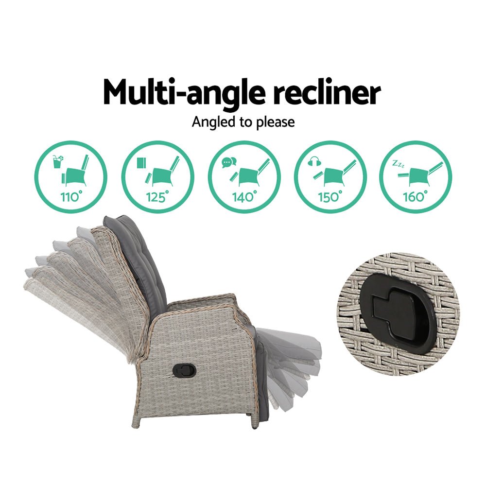 Gardeon 3PC Recliner Chairs Table Sun lounge Outdoor Furniture Wicker Adjustable Grey - OZ Home Deals