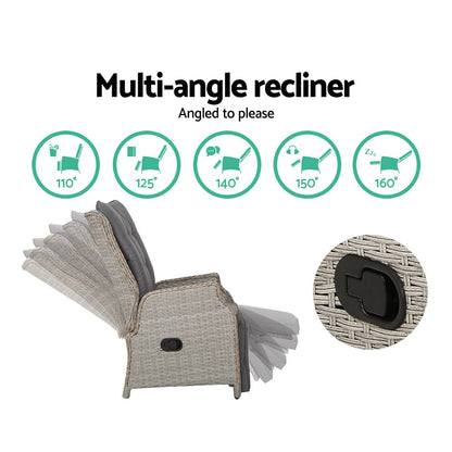 Gardeon 3PC Recliner Chairs Table Sun lounge Outdoor Furniture Wicker Adjustable Grey - OZ Home Deals