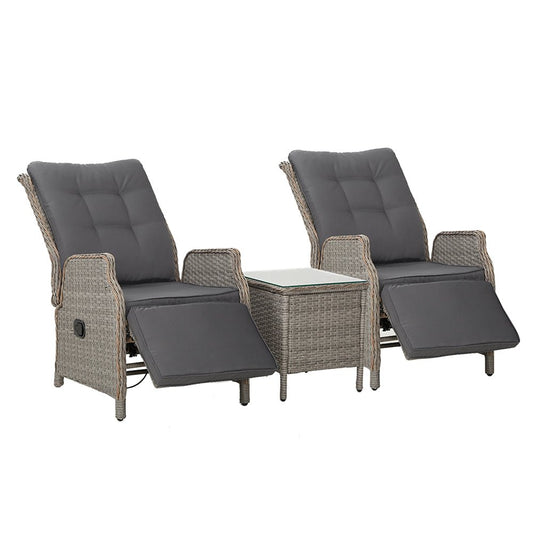 Gardeon 3PC Recliner Chairs Table Sun lounge Outdoor Furniture Wicker Adjustable Grey - OZ Home Deals