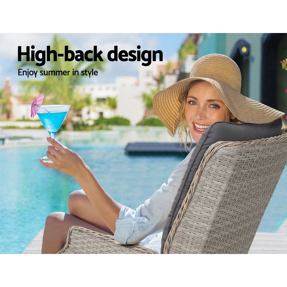 Gardeon 3PC Recliner Chairs Table Sun lounge Outdoor Furniture Wicker Adjustable Grey - OZ Home Deals