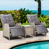 Gardeon 3PC Recliner Chairs Table Sun lounge Outdoor Furniture Wicker Adjustable Grey - OZ Home Deals