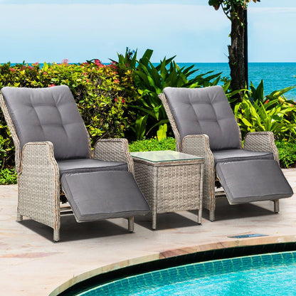 Gardeon 3PC Recliner Chairs Table Sun lounge Outdoor Furniture Wicker Adjustable Grey - OZ Home Deals