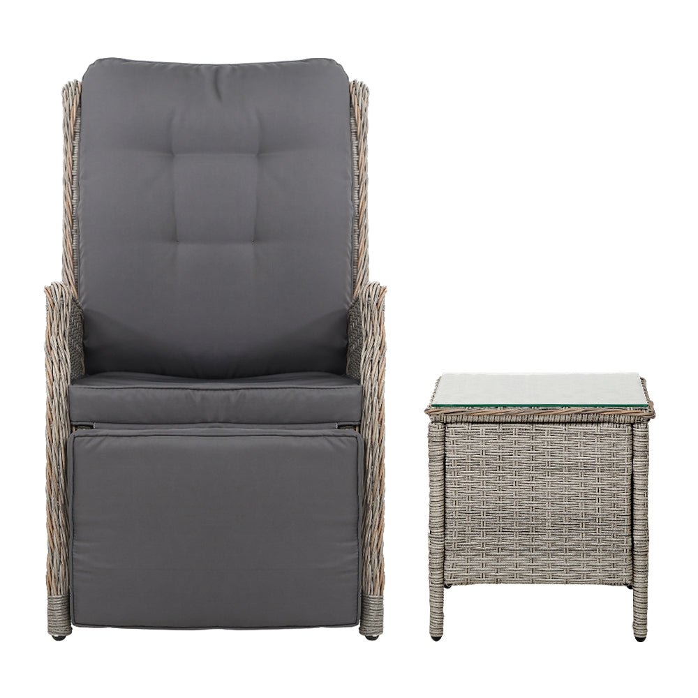 Gardeon 3PC Recliner Chairs Table Sun lounge Outdoor Furniture Wicker Adjustable Grey - OZ Home Deals