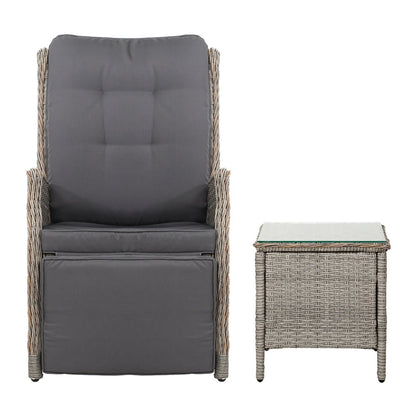 Gardeon 3PC Recliner Chairs Table Sun lounge Outdoor Furniture Wicker Adjustable Grey - OZ Home Deals