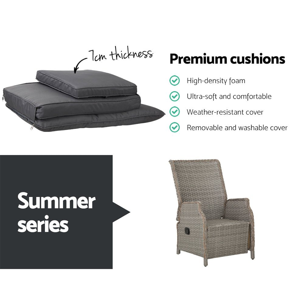 Gardeon 3PC Recliner Chairs Table Sun lounge Outdoor Furniture Wicker Adjustable Grey - OZ Home Deals