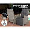 Gardeon 3PC Recliner Chairs Table Sun lounge Outdoor Furniture Wicker Adjustable Grey - OZ Home Deals