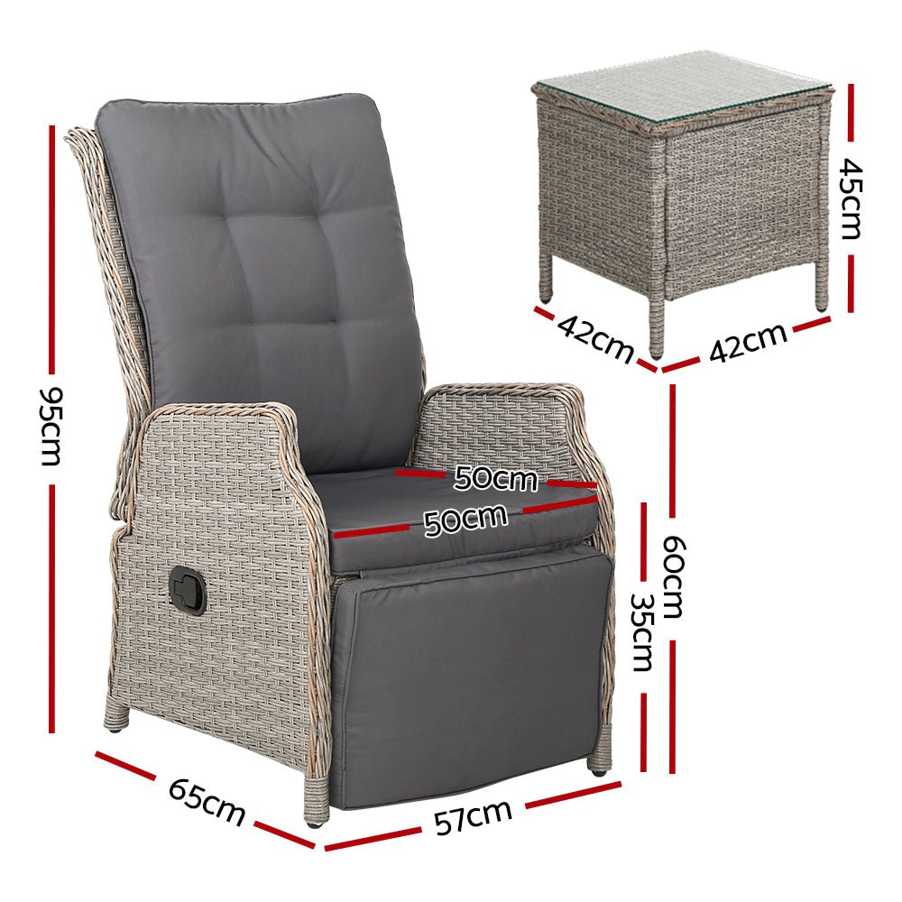 Gardeon 3PC Recliner Chairs Table Sun lounge Outdoor Furniture Wicker Adjustable Grey - OZ Home Deals