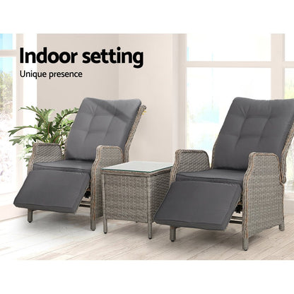 Gardeon 3PC Recliner Chairs Table Sun lounge Outdoor Furniture Wicker Adjustable Grey - OZ Home Deals