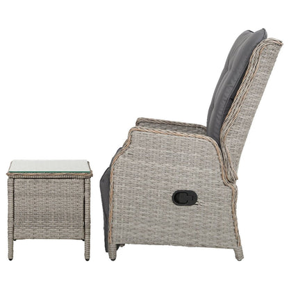 Gardeon 3PC Recliner Chairs Table Sun lounge Outdoor Furniture Wicker Adjustable Grey - OZ Home Deals