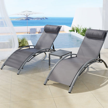 Gardeon 3PC Sun Lounge Outdoor Lounger Steel Table Chairs Patio Furniture Grey - OZ Home Deals