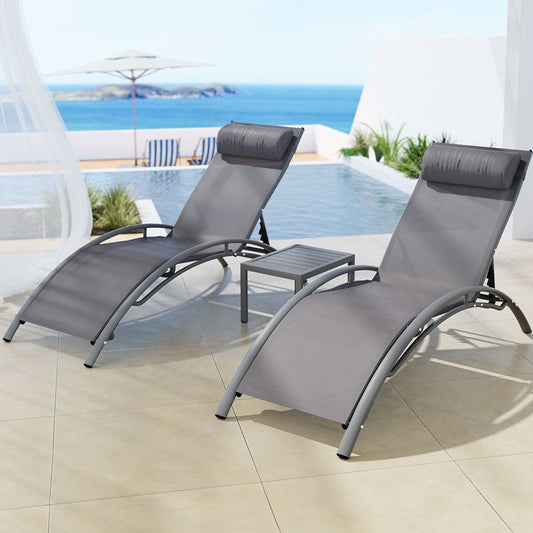 Gardeon 3PC Sun Lounge Outdoor Lounger Steel Table Chairs Patio Furniture Grey - OZ Home Deals