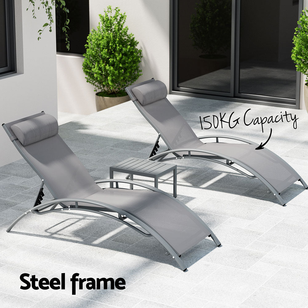 Gardeon 3PC Sun Lounge Outdoor Lounger Steel Table Chairs Patio Furniture Grey - OZ Home Deals